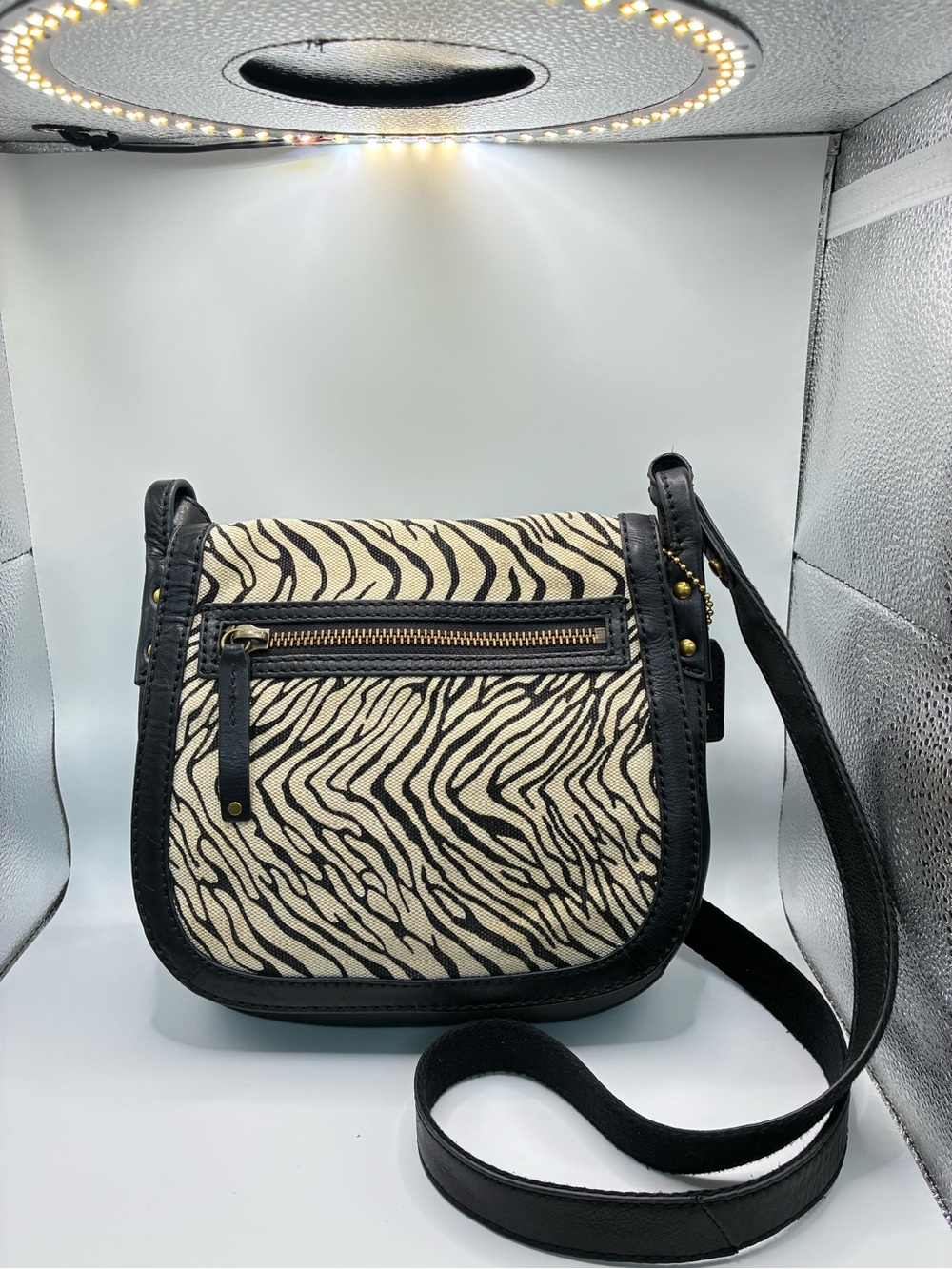 Fossil Black and Cream Zebra Print Crossbody Bag